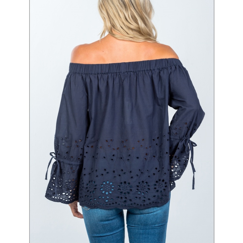 LAST ONE!! Navy Off The Shoulder Eyelet Top - Picture 3 of 5